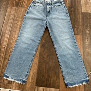 Frame Denim Light Blue Cropped Straight Jeans with Raw Hem